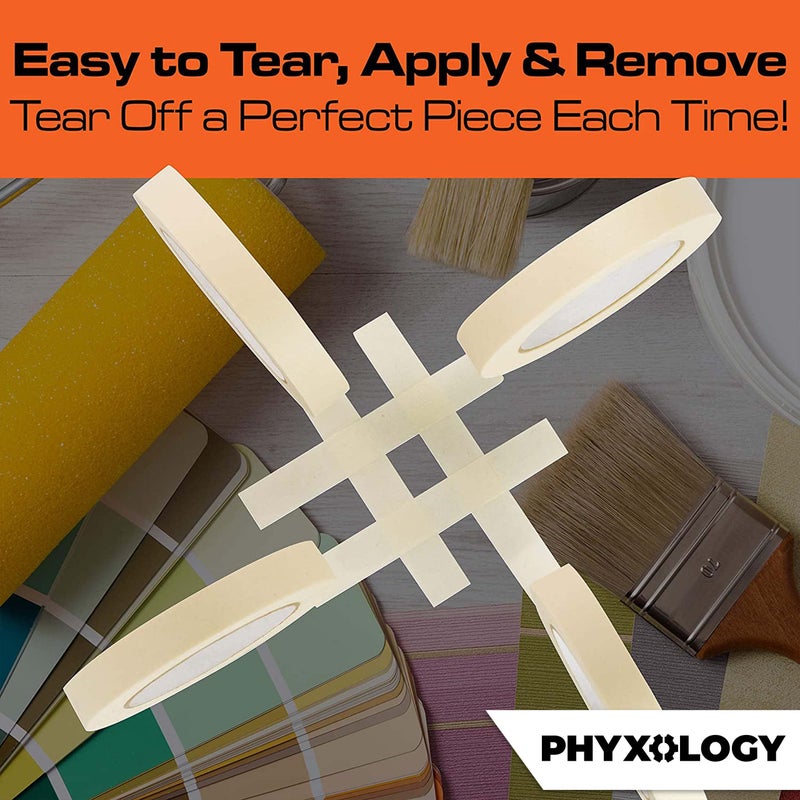 PHYXOLOGY SUPPLY شريط لاصق بدون بقايا 1 بوصة، 60 ياردة، عبوة واحدة. شريط طلاء قابل للإزالة سهل التمزق من الدرجة الاحترافية رائع للاستخدام في المنزل أو المكتب أو من قبل المقاولين التجاريين. طلاء نظيف وخالي من التنقيط مع لفات ورق كريب عريض متين. - Image 4
